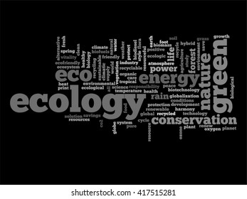 Vector concept or conceptual abstract green ecology and conservation word cloud text on black background, metaphor to environment, recycle, earth, alternative, protection, energy, eco friendly or bio