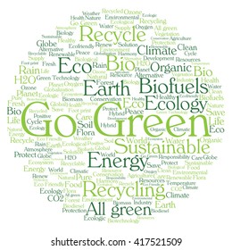 Conceito vetorial ou abstrato conceitual ecologia verde e conservação palavra nuvem texto sobre fundo branco, metáfora para o ambiente, reciclar, terra, alternativa, proteção, energia, eco amigável ou bio