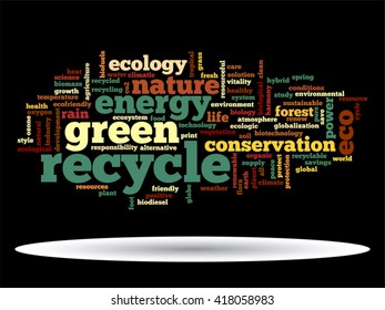 Vector concept or conceptual abstract green ecology and conservation word cloud text on black background, metaphor to environment, recycle, earth, alternative, protection, energy, eco friendly or bio