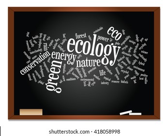 Vector concept or conceptual abstract green ecology, conservation word cloud text, blackboard background, metaphor to environment, recycle, earth, alternative, protection, energy, eco friendly or bio