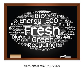 Vector concept or conceptual abstract green ecology, conservation word cloud text, blackboard background, metaphor to environment, recycle, earth, alternative, protection, energy, eco friendly or bio
