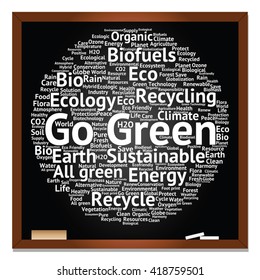 Vector concept or conceptual abstract green ecology, conservation word cloud text, blackboard background, metaphor to environment, recycle, earth, alternative, protection, energy, eco friendly or bio