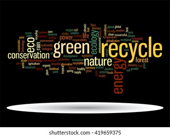 Vector concept or conceptual abstract green ecology and conservation word cloud text on black background, metaphor to environment, recycle, earth, alternative, protection, energy, eco friendly or bio