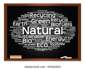Vector concept or conceptual abstract green ecology, conservation word cloud text, blackboard background, metaphor to environment, recycle, earth, alternative, protection, energy, eco friendly or bio