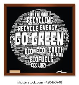 Vector concept or conceptual abstract green ecology, conservation word cloud text, blackboard background, metaphor to environment, recycle, earth, alternative, protection, energy, eco friendly or bio
