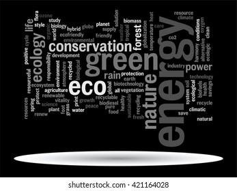 Vector concept or conceptual abstract green ecology and conservation word cloud text on black background, metaphor to environment, recycle, earth, alternative, protection, energy, eco friendly or bio