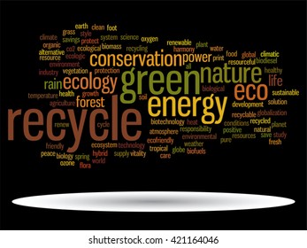 Vector concept or conceptual abstract green ecology and conservation word cloud text on black background, metaphor to environment, recycle, earth, alternative, protection, energy, eco friendly or bio