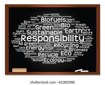 Concepto vectorial o ecología conceptual abstracta verde, conservación palabra texto en nube, fondo de pizarra, metáfora al medio ambiente, reciclar, tierra, alternativa, protección, energía, eco-amigable o bio