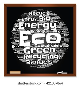 Vector concept or conceptual abstract green ecology, conservation word cloud text, blackboard background, metaphor to environment, recycle, earth, alternative, protection, energy, eco friendly or bio