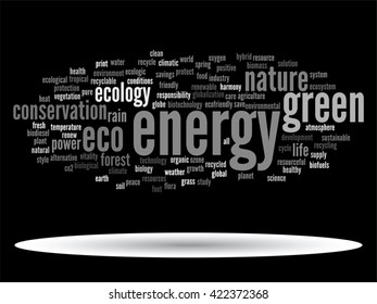 Vector concept or conceptual abstract green ecology and conservation word cloud text on black background, metaphor to environment, recycle, earth, alternative, protection, energy, eco friendly or bio