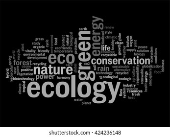 Vector concept or conceptual abstract green ecology and conservation word cloud text on black background, metaphor to environment, recycle, earth, alternative, protection, energy, eco friendly or bio