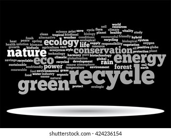 Vector concept or conceptual abstract green ecology and conservation word cloud text on black background, metaphor to environment, recycle, earth, alternative, protection, energy, eco friendly or bio