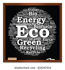 Vector concept or conceptual abstract green ecology, conservation word cloud text, blackboard background, metaphor to environment, recycle, earth, alternative, protection, energy, eco friendly or bio