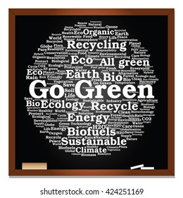 Vector concept or conceptual abstract green ecology, conservation word cloud text, blackboard background, metaphor to environment, recycle, earth, alternative, protection, energy, eco friendly or bio