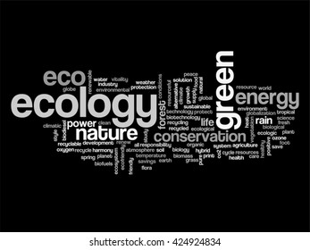 Vector concept or conceptual abstract green ecology and conservation word cloud text on black background, metaphor to environment, recycle, earth, alternative, protection, energy, eco friendly or bio