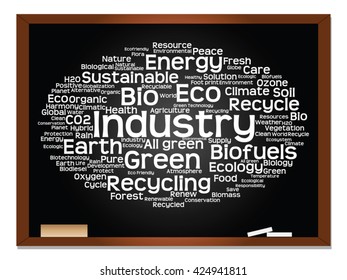 Concepto vectorial o ecología conceptual abstracta verde, conservación palabra texto en nube, fondo de pizarra, metáfora al medio ambiente, reciclar, tierra, alternativa, protección, energía, eco-amigable o bio