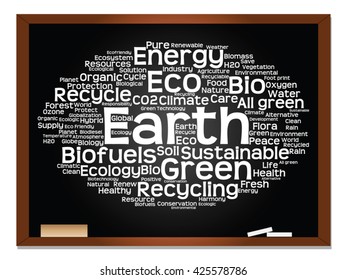 Vector concept or conceptual abstract green ecology, conservation word cloud text, blackboard background, metaphor to environment, recycle, earth, alternative, protection, energy, eco friendly or bio