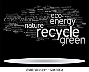 Vector concept or conceptual abstract green ecology and conservation word cloud text on black background, metaphor to environment, recycle, earth, alternative, protection, energy, eco friendly or bio