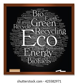 Conceito vetorial ou conceito abstrato de ecologia verde, texto de nuvem de palavra de conservação, fundo de quadro-negro, metáfora para o ambiente, reciclar, terra, alternativa, proteção, energia, eco amigável ou bio