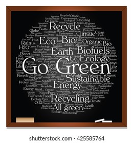 Concepto vectorial o ecología conceptual abstracta verde, conservación palabra texto en nube, fondo de pizarra, metáfora al medio ambiente, reciclar, tierra, alternativa, protección, energía, eco-amigable o bio