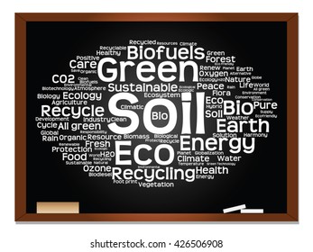 Vector concept or conceptual abstract green ecology, conservation word cloud text, blackboard background, metaphor to environment, recycle, earth, alternative, protection, energy, eco friendly or bio