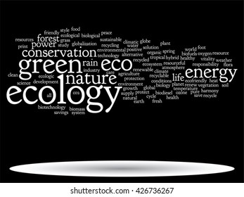 Conceito vetorial ou abstrato conceitual ecologia verde e conservação palavra nuvem texto sobre fundo preto, metáfora para o ambiente, reciclar, terra, alternativa, proteção, energia, eco amigável ou bio