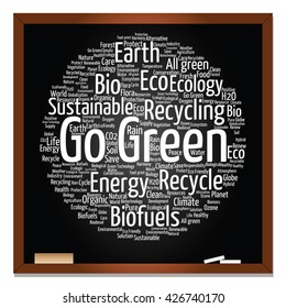 Vector concept or conceptual abstract green ecology, conservation word cloud text, blackboard background, metaphor to environment, recycle, earth, alternative, protection, energy, eco friendly or bio