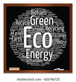 Vector concept or conceptual abstract green ecology, conservation word cloud text, blackboard background, metaphor to environment, recycle, earth, alternative, protection, energy, eco friendly or bio