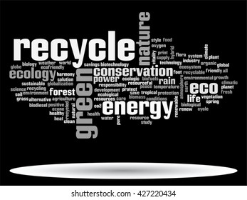 Vector concept or conceptual abstract green ecology and conservation word cloud text on black background, metaphor to environment, recycle, earth, alternative, protection, energy, eco friendly or bio