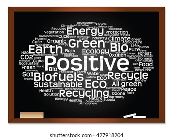 Concepto vectorial o ecología conceptual abstracta verde, conservación palabra texto en nube, fondo de pizarra, metáfora al medio ambiente, reciclar, tierra, alternativa, protección, energía, eco-amigable o bio
