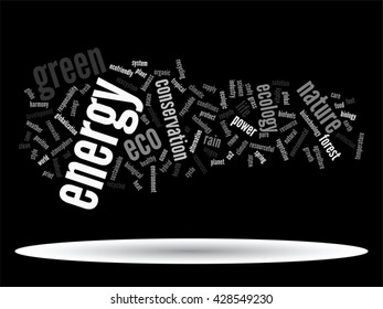 Concepto vectorial o ecología verde abstracta conceptual y conservación palabra texto en nube sobre fondo negro, metáfora al medio ambiente, reciclar, tierra, alternativa, protección, energía, eco-amigable o bio