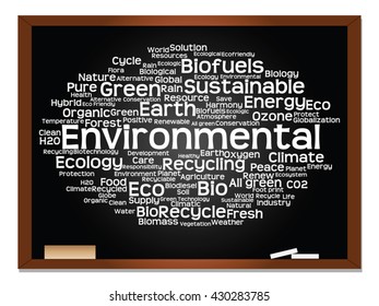Vector concept or conceptual abstract green ecology, conservation word cloud text, blackboard background, metaphor to environment, recycle, earth, alternative, protection, energy, eco friendly or bio