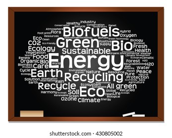 Concepto vectorial o ecología conceptual abstracta verde, conservación palabra texto en nube, fondo de pizarra, metáfora al medio ambiente, reciclar, tierra, alternativa, protección, energía, eco-amigable o bio