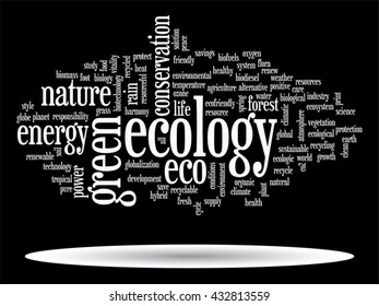 Vector concept or conceptual abstract green ecology and conservation word cloud text on black background, metaphor to environment, recycle, earth, alternative, protection, energy, eco friendly or bio