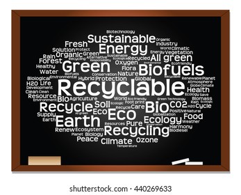 Vector concept or conceptual abstract green ecology, conservation word cloud text, blackboard background, metaphor to environment, recycle, earth, alternative, protection, energy, eco friendly or bio