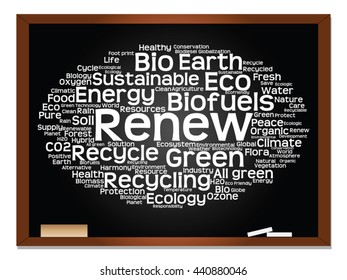 Vector concept or conceptual abstract green ecology, conservation word cloud text, blackboard background, metaphor to environment, recycle, earth, alternative, protection, energy, eco friendly or bio