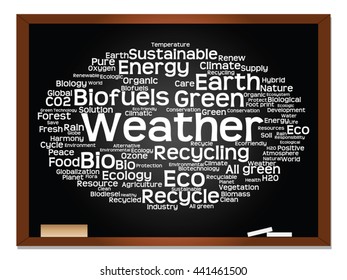 Vector concept or conceptual abstract green ecology, conservation word cloud text, blackboard background, metaphor to environment, recycle, earth, alternative, protection, energy, eco friendly or bio