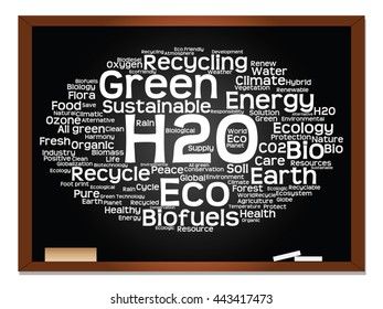 Vector concept or conceptual abstract green ecology, conservation word cloud text, blackboard background, metaphor to environment, recycle, earth, alternative, protection, energy, eco friendly or bio