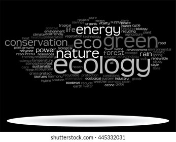Vector concept or conceptual abstract green ecology and conservation word cloud text on black background, metaphor to environment, recycle, earth, alternative, protection, energy, eco friendly or bio