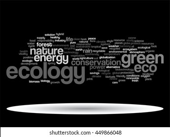 Vector concept or conceptual abstract green ecology and conservation word cloud text on black background, metaphor to environment, recycle, earth, alternative, protection, energy, eco friendly or bio