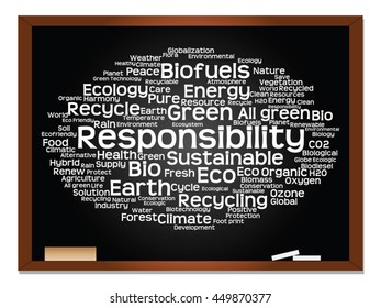 Vector concept or conceptual abstract green ecology, conservation word cloud text, blackboard background, metaphor to environment, recycle, earth, alternative, protection, energy, eco friendly or bio
