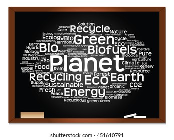 Conceito vetorial ou conceito abstrato de ecologia verde, texto de nuvem de palavra de conservação, fundo de quadro-negro, metáfora para o ambiente, reciclar, terra, alternativa, proteção, energia, eco amigável ou bio
