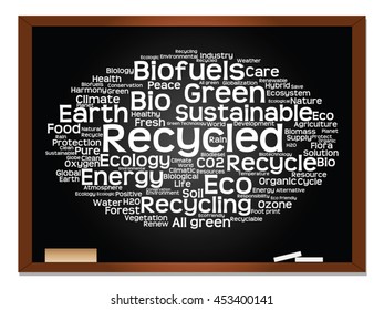 Concepto vectorial o ecología conceptual abstracta verde, conservación palabra texto en nube, fondo de pizarra, metáfora al medio ambiente, reciclar, tierra, alternativa, protección, energía, eco-amigable o bio