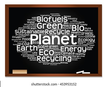 Vector concept or conceptual abstract green ecology, conservation word cloud text, blackboard background, metaphor to environment, recycle, earth, alternative, protection, energy, eco friendly or bio