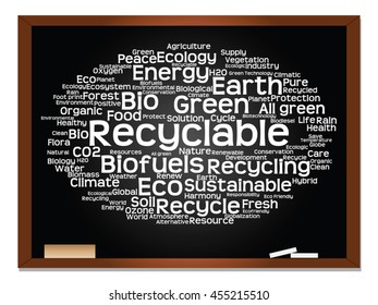 Vector concept or conceptual abstract green ecology, conservation word cloud text, blackboard background, metaphor to environment, recycle, earth, alternative, protection, energy, eco friendly or bio