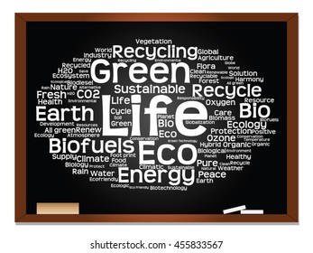 Vector concept or conceptual abstract green ecology, conservation word cloud text, blackboard background, metaphor to environment, recycle, earth, alternative, protection, energy, eco friendly or bio