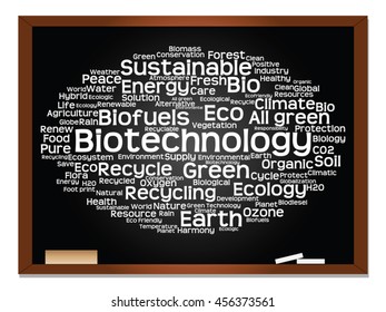 Vector concept or conceptual abstract green ecology, conservation word cloud text, blackboard background, metaphor to environment, recycle, earth, alternative, protection, energy, eco friendly or bio