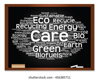 Vector concept or conceptual abstract green ecology, conservation word cloud text, blackboard background, metaphor to environment, recycle, earth, alternative, protection, energy, eco friendly or bio
