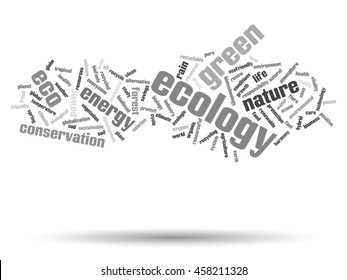 Concepto vectorial o ecología verde abstracta conceptual y conservación palabra en nube texto sobre fondo blanco, metáfora al medio ambiente, reciclar, tierra, alternativa, protección, energía, eco-amigable o bio