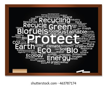 Vector concept or conceptual abstract green ecology, conservation word cloud text, blackboard background, metaphor to environment, recycle, earth, alternative, protection, energy, eco friendly or bio